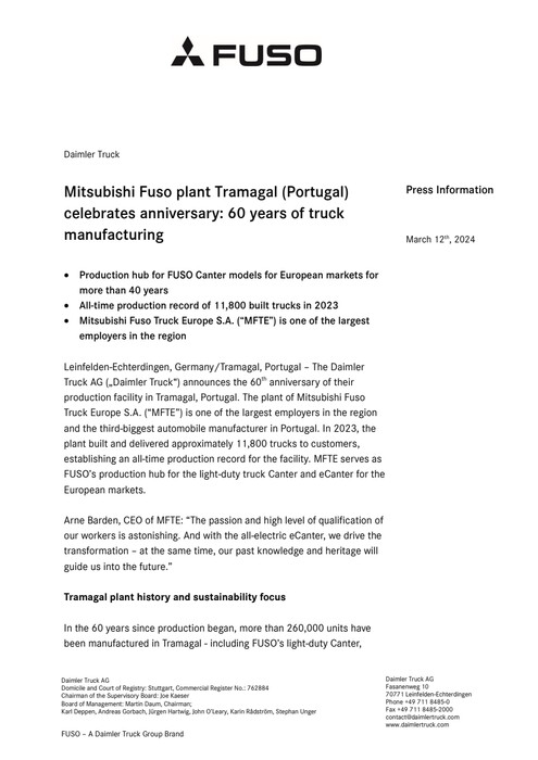 Mitsubishi Fuso plant Tramagal (Portugal) celebrates anniversary: 60 years of truck manufacturing