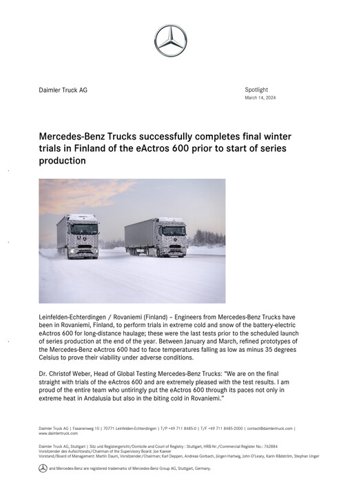 Mercedes-Benz Trucks successfully completes final winter trials in Finland of the eActros 600 prior to start of series production