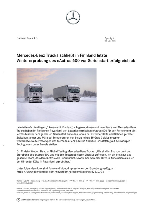 Mercedes-Benz Trucks schließt in Finnland letzte Wintererprobung des eActros 600 vor Serienstart erfolgreich ab