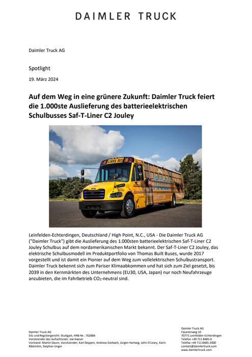 Auf dem Weg in eine grünere Zukunft: Daimler Truck feiert die 1.000ste Auslieferung des batterieelektrischen Schulbusses Saf-T-Liner C2 Jouley