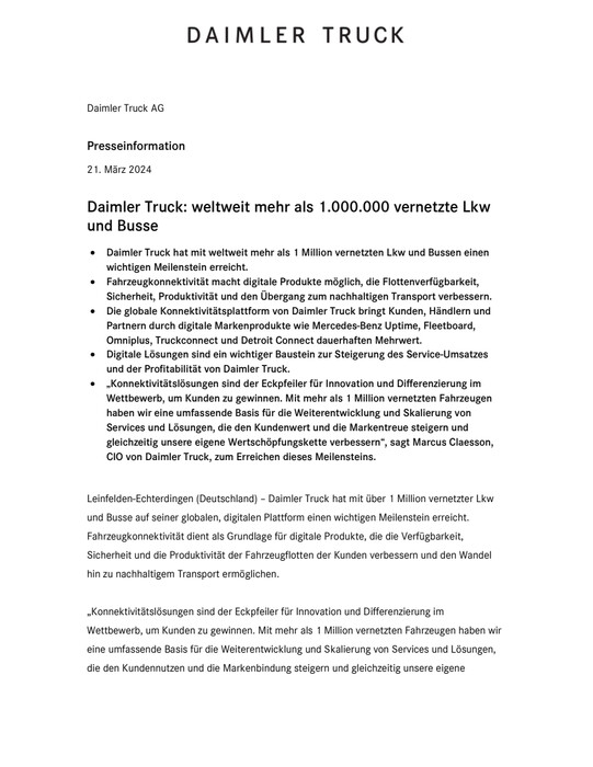 Daimler Truck: weltweit mehr als 1.000.000 vernetzte Lkw und Busse