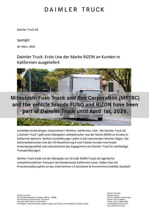 Daimler Truck: Erste Lkw der Marke RIZON an Kunden in Kalifornien ausgeliefert