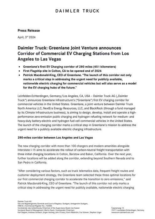 Daimler Truck: Greenlane Joint Venture announces Corridor of Commercial EV Charging Stations from Los Angeles to Las Vegas