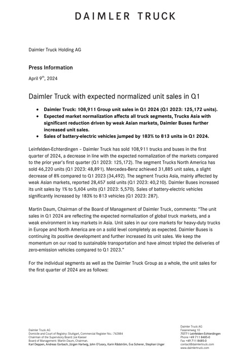 Daimler Truck with expected normalized unit sales in Q1