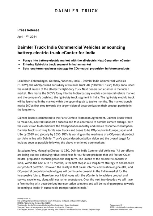 Daimler Truck India Commercial Vehicles announcing battery-electric truck eCanter for India