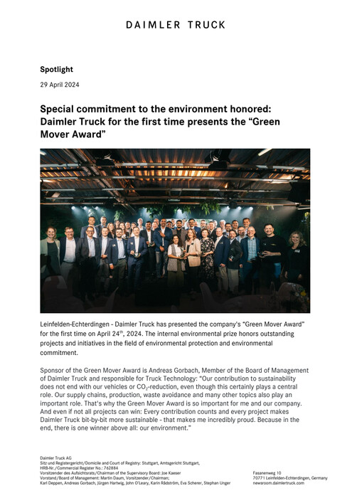 Special commitment to the environment honored: Daimler Truck for the first time presents the “Green Mover Award”