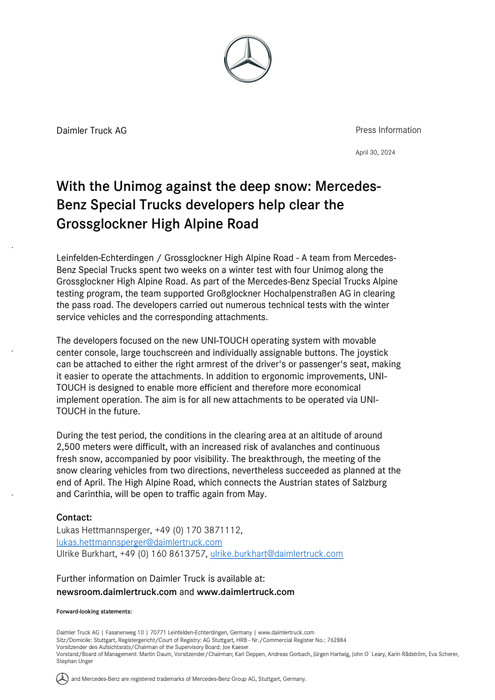 With the Unimog against the deep snow: Mercedes-Benz Special Trucks developers help clear the Grossglockner High Alpine Road