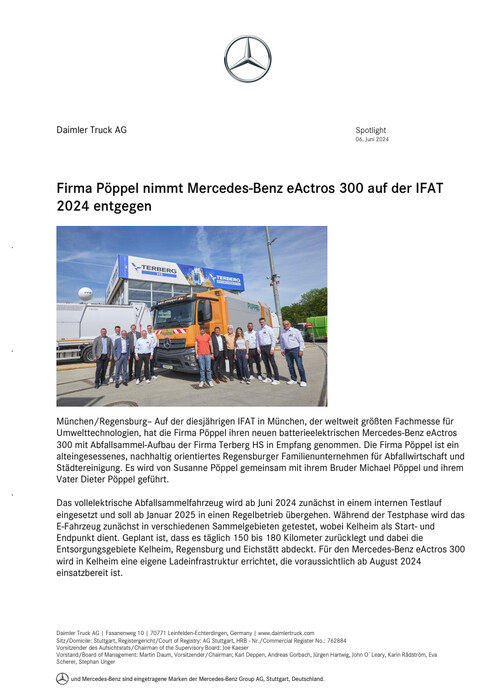 Firma Pöppel nimmt Mercedes-Benz eActros 300 auf der IFAT 2024 entgegen