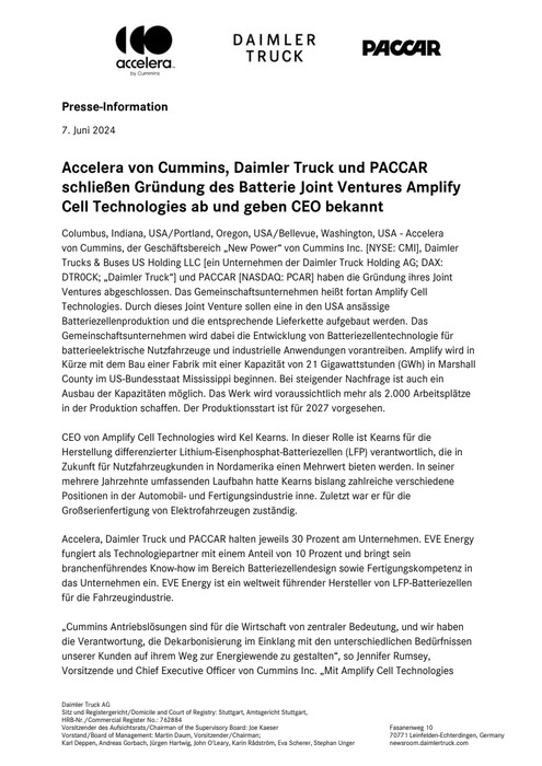 Accelera von Cummins, Daimler Truck und PACCAR schließen Gründung des Batterie Joint Ventures Amplify Cell Technologies ab und geben CEO bekannt