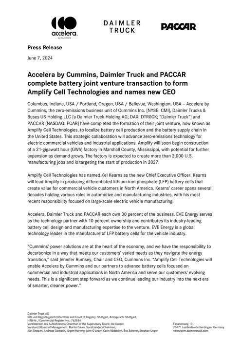 Accelera by Cummins, Daimler Truck and PACCAR complete battery joint venture transaction to form Amplify Cell Technologies and names new CEO