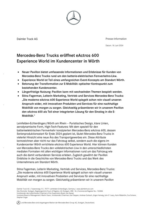 Mercedes-Benz Trucks eröffnet eActros 600 Experience World im Kundencenter in Wörth