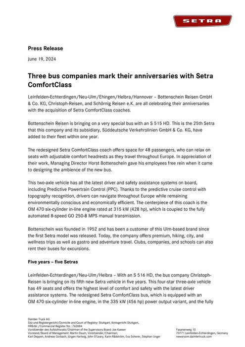 Three bus companies mark their anniversaries with Setra ComfortClass