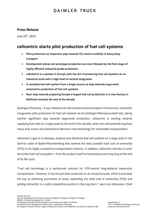 cellcentric starts pilot production of fuel cell systems