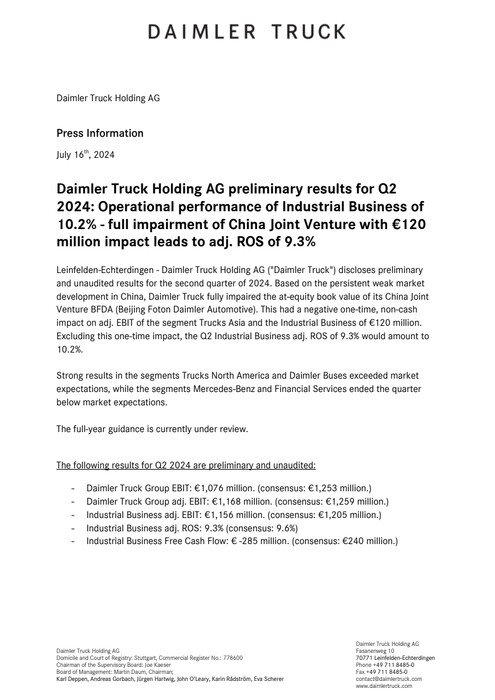 Daimler Truck Holding AG preliminary results for Q2 2024: Operational performance of Industrial Business of 10.2% - full impairment of China Joint Venture with €120 million impact leads to adj. ROS of 9.3%