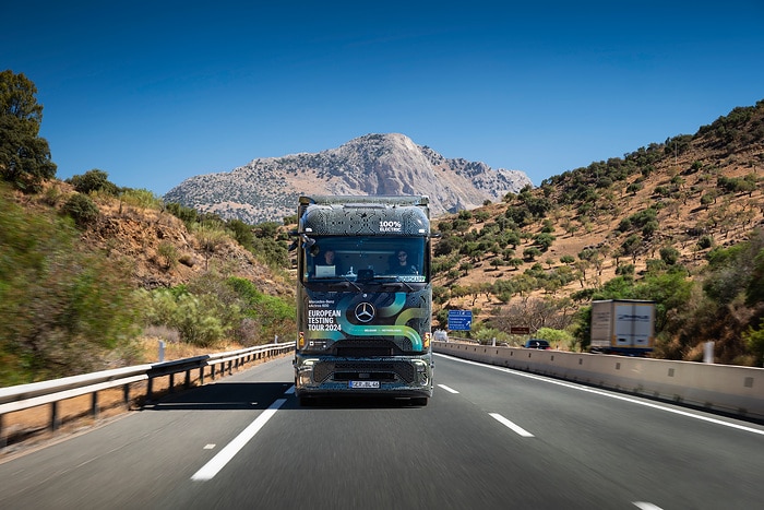 All-electric through Europe: eActros 600 test trucks reach southernmost checkpoint of Tarifa