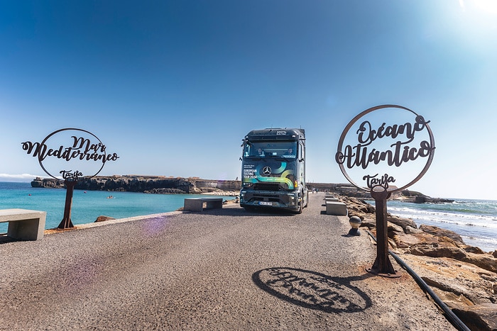 All-electric through Europe: eActros 600 test trucks reach southernmost checkpoint of Tarifa