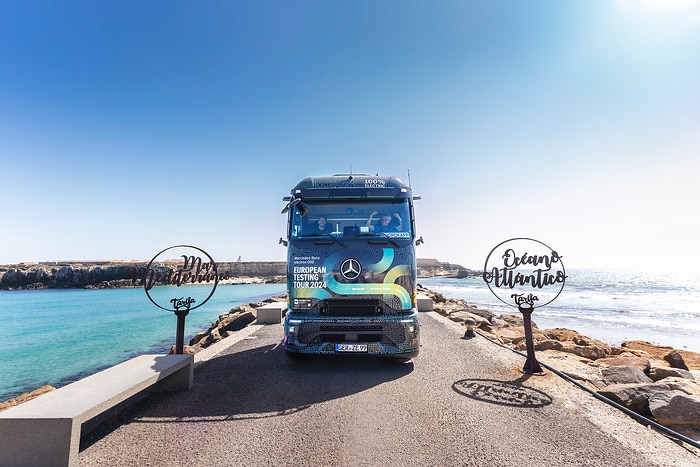 All-electric through Europe: eActros 600 test trucks reach southernmost checkpoint of Tarifa
