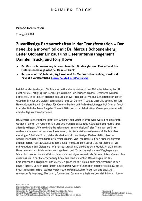 Zuverlässige Partnerschaften in der Transformation – Der neue „be a mover“ talk mit Dr. Marcus Schoenenberg, Leiter Globaler Einkauf und Lieferantenmanagement Daimler Truck, und Jörg Howe