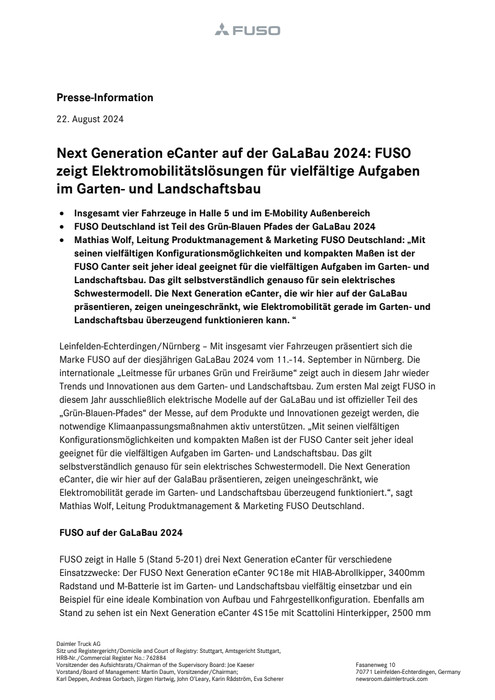 Next Generation eCanter auf der GaLaBau 2024: FUSO zeigt Elektromobilitätslösungen für vielfältige Aufgaben im Garten- und Landschaftsbau