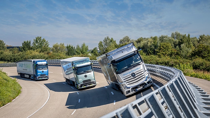 The battery-electric Mercedes-Benz eActros 600 long-haul truck, the new Actros L with ProCabin and the Mercedes-Benz GenH2 Truck