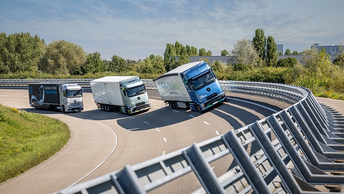 The battery-electric Mercedes-Benz eActros 600 long-haul truck, the new Actros L with ProCabin and the Mercedes-Benz GenH2 Truck