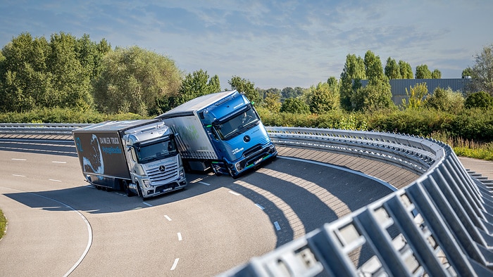 The battery-electric Mercedes-Benz eActros 600 long-haul truck and the Mercedes-Benz GenH2 Truck