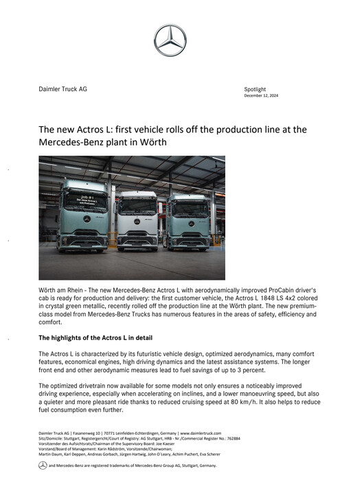 The new Actros L: first vehicle rolls off the production line at the Mercedes-Benz plant in Wörth