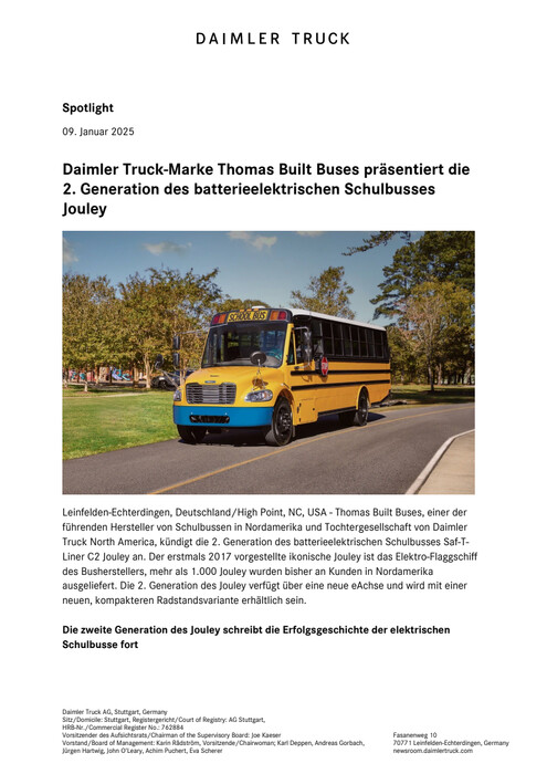 Daimler Truck-Marke Thomas Built Buses präsentiert die 2. Generation des batterielektrischen Schulbusses Jouley