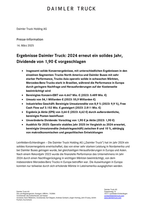 Ergebnisse Daimler Truck: 2024 erneut ein solides Jahr, Dividende von 1,90 € vorgeschlagen