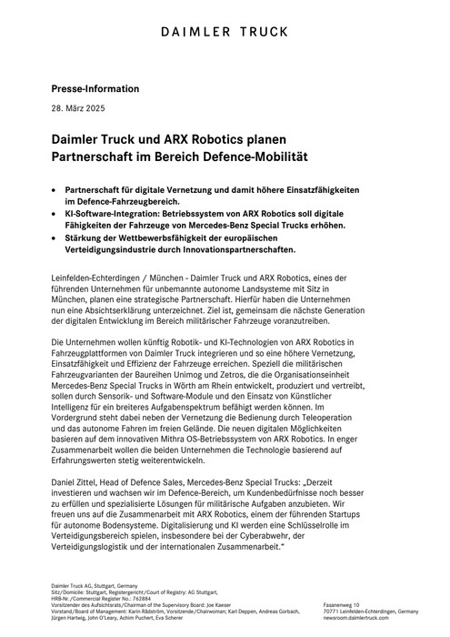 Daimler Truck und ARX Robotics planen Partnerschaft im Bereich Defence-Mobilität