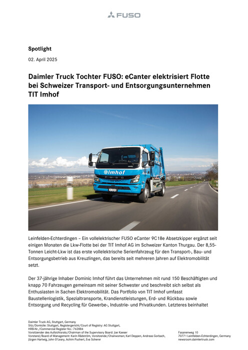 Daimler Truck Tochter FUSO: eCanter elektrisiert Flotte bei Schweizer Transport- und Entsorgungsunternehmen TIT Imhof
