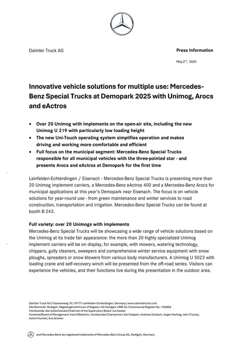 Innovative vehicle solutions for multiple use: Mercedes-Benz Special Trucks at Demopark 2025 with Unimog, Arocs and eActros