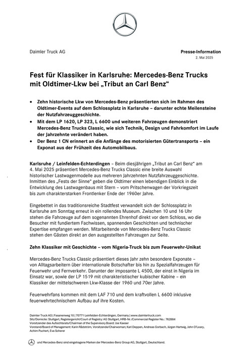 Fest für Klassiker in Karlsruhe: Mercedes-Benz Trucks mit Oldtimer-Lkw bei „Tribut an Carl Benz“