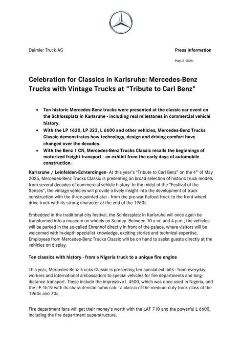 Celebration for Classics in Karlsruhe: Mercedes-Benz Trucks with Vintage Trucks at "Tribute to Carl Benz"