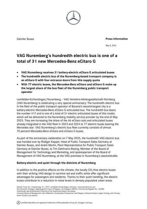VAG Nuremberg’s hundredth electric bus is one of a total of 31 new Mercedes-Benz eCitaro G