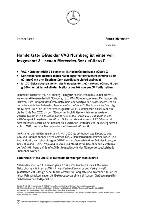 Hundertster E-Bus der VAG Nürnberg ist einer von insgesamt 31 neuen Mercedes-Benz eCitaro G