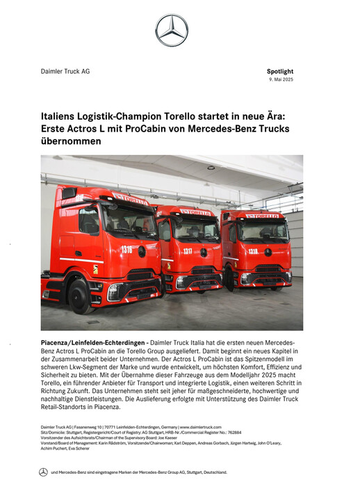 Italiens Logistik-Champion Torello startet in neue Ära: Erste Actros L mit ProCabin von Mercedes-Benz Trucks übernommen