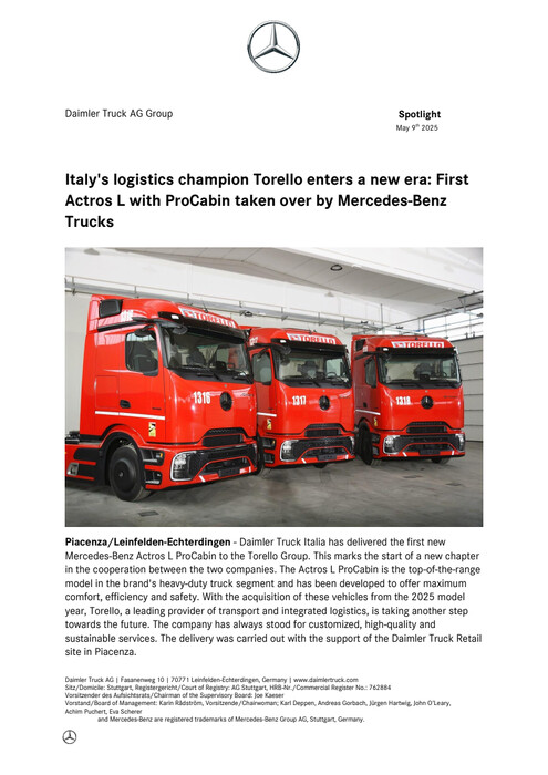 Italy's logistics champion Torello enters a new era: First Actros L with ProCabin taken over by Mercedes-Benz Trucks