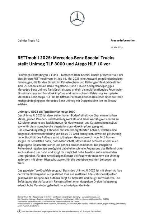 RETTmobil 2025: Mercedes-Benz Special Trucks stellt Unimog TLF 3000 und Atego HLF 10 vor