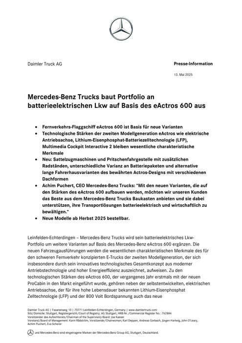 Mercedes-Benz Trucks baut Portfolio an batterieelektrischen Lkw auf Basis des eActros 600 aus