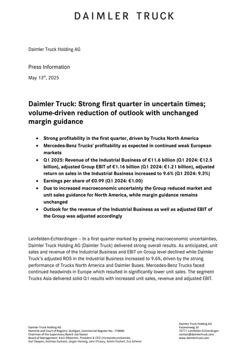 Daimler Truck: Strong first quarter in uncertain times; volume-driven reduction of outlook with unchanged margin guidance
