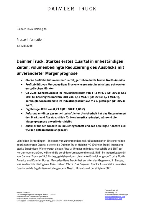 Daimler Truck: Starkes erstes Quartal in unbeständigen Zeiten; volumenbedingte Reduzierung des Ausblicks mit unveränderter Margenprognose