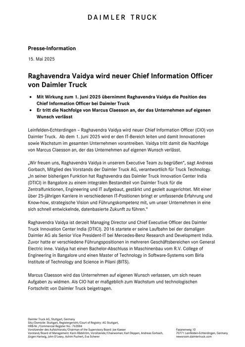 Raghavendra Vaidya wird neuer Chief Information Officer von Daimler Truck