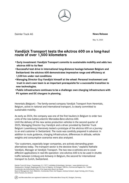 Vandijck Transport tests the eActros 600 on a long-haul route of over 1,500 kilometers