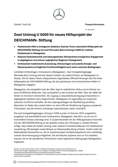 Zwei Unimog U 5000 für neues Hilfsprojekt der DEICHMANN-Stiftung