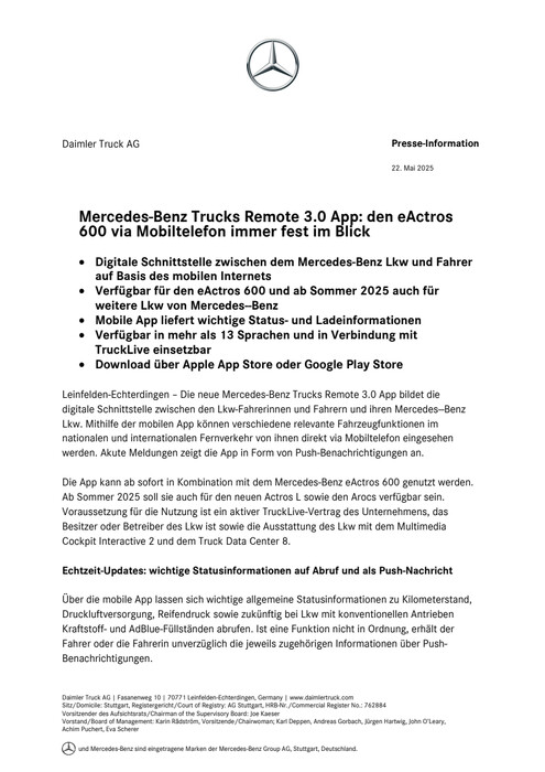 Mercedes-Benz Trucks Remote 3.0 App: den eActros 600 via Mobiltelefon immer fest im Blick