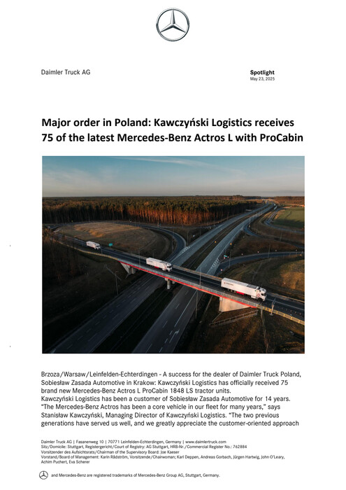 Major order in Poland: Kawczyński Logistics receives 75 of the latest Mercedes-Benz Actros L with ProCabin