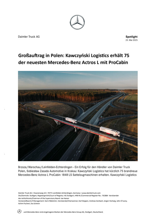 Großauftrag in Polen: Kawczyński Logistics erhält 75 der neuesten Mercedes-Benz Actros L mit ProCabin