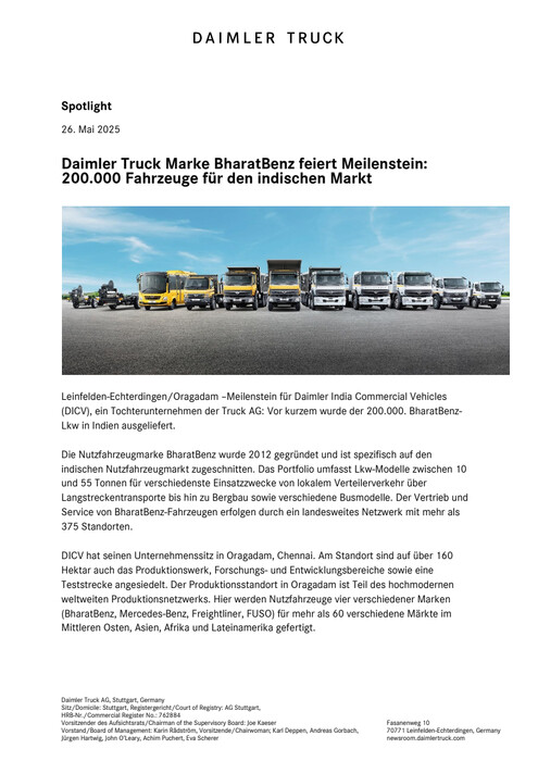 Daimler Truck Marke BharatBenz feiert Meilenstein: 200.000 Fahrzeuge für den indischen Markt