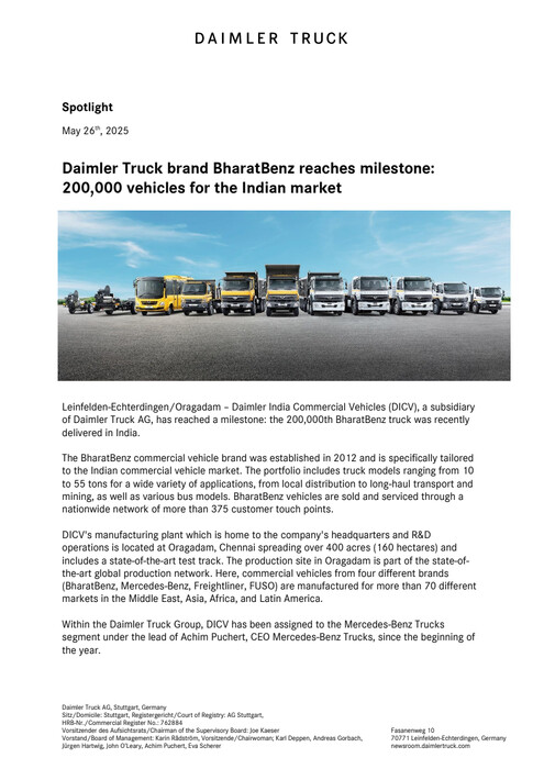 Daimler Truck brand BharatBenz reaches milestone: 200,000 vehicles for the Indian market